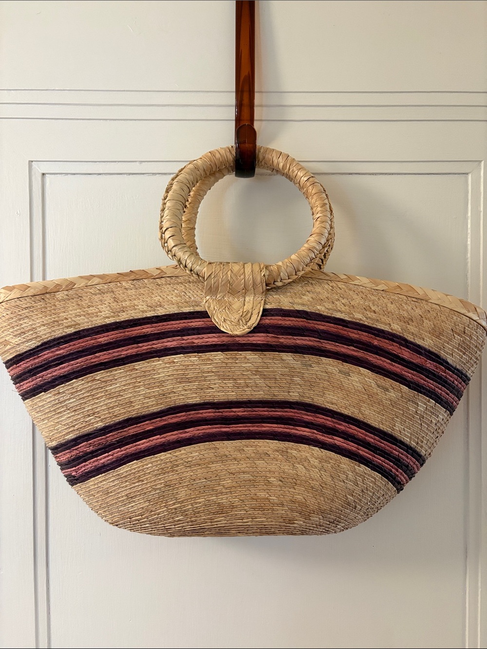 Women’s Straw Circle-Handle Tote Bag in Natural with Pink & Plum Stripes